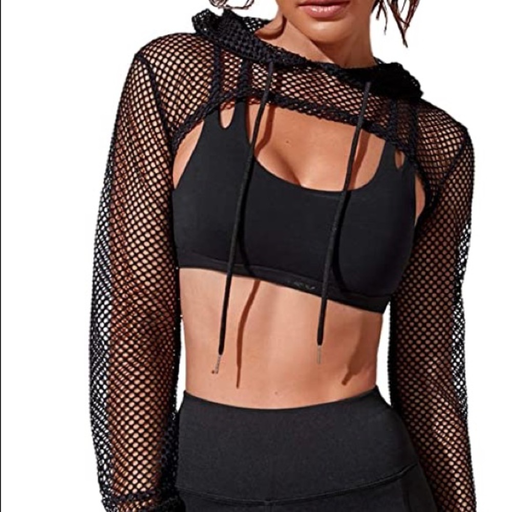 Black mesh Women's Long Sleeve Pullover Crop Top Hoodie